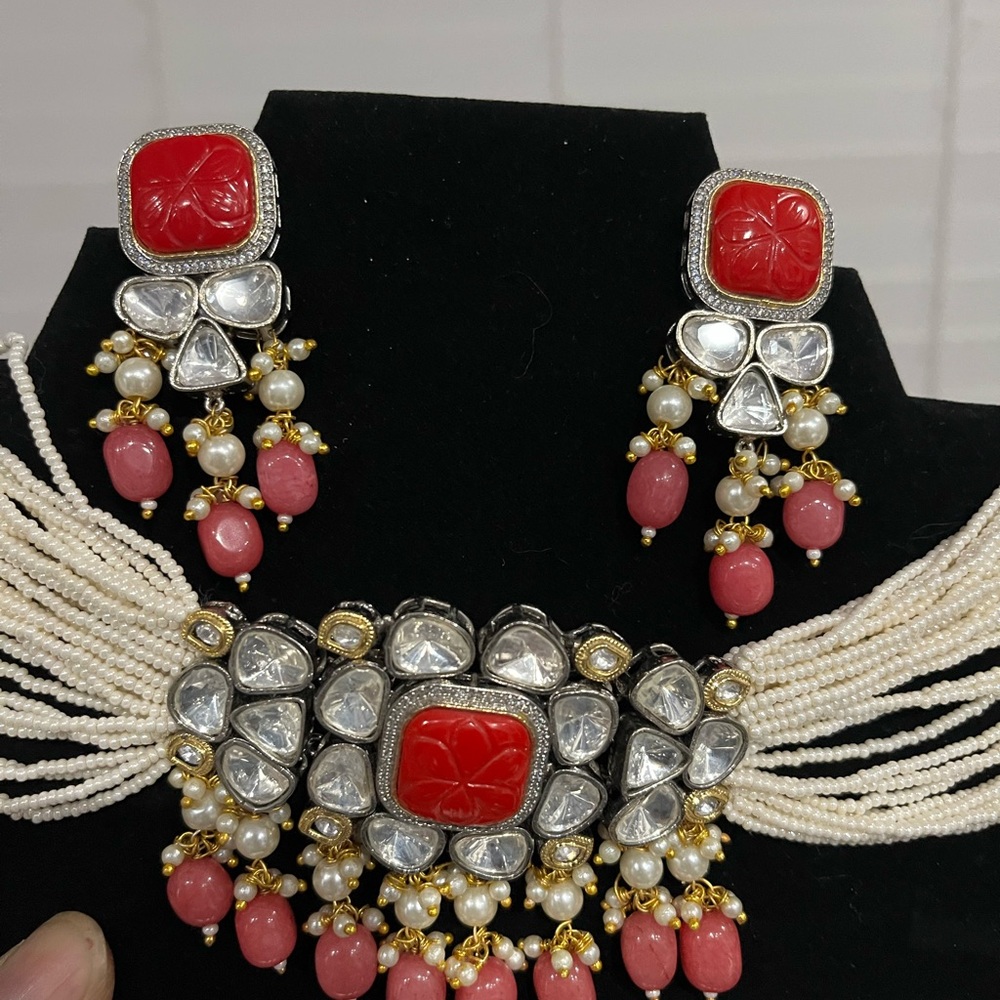 Pearl choker necklace for sale with earrings. Selling for $150